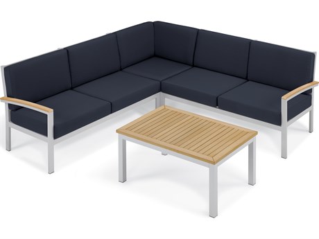 Oxford Garden Travira Aluminum Flint 6 Piece Sectional Lounge Set with Midnight Blue Cushions