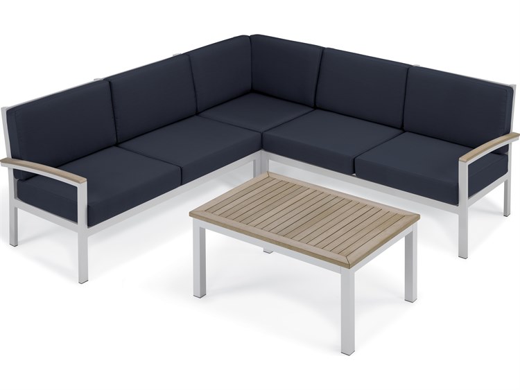 Oxford Garden Travira Aluminum Flint 4 Piece Sectional Lounge Set with Midnight Blue Cushions