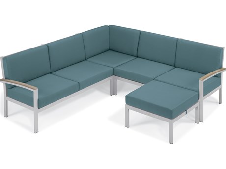 Oxford Garden Travira Aluminum Flint 4 Piece Sectional Lounge Set with Ice Blue Cushions