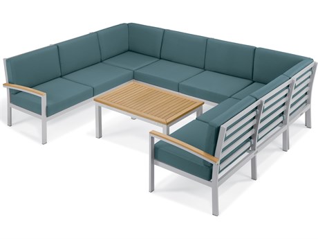 Oxford Garden Travira Aluminum Flint 7 Piece Sectional Lounge Set with Ice Blue Cushions