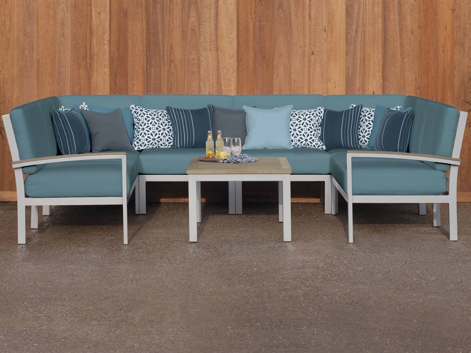 Oxford Garden Travira Aluminum Flint 7 Piece Sectional Outdoor Patio Lounge Set with Ice Blue Cushions