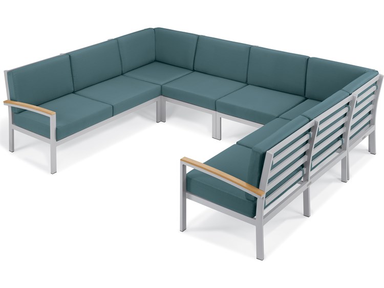 Oxford Garden Travira Aluminum Flint 6 Piece Sectional Patio Lounge Set with Ice Blue Cushions