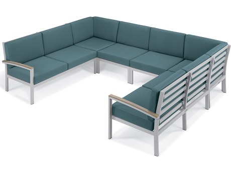 Oxford Garden Travira Aluminum Flint 6 Piece Sectional Lounge Set with Ice Blue Cushions