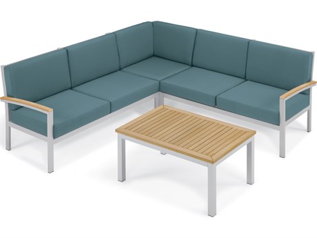 Oxford Garden Travira Aluminum Flint 4 Piece Sectional Lounge Set with Ice Blue Cushions