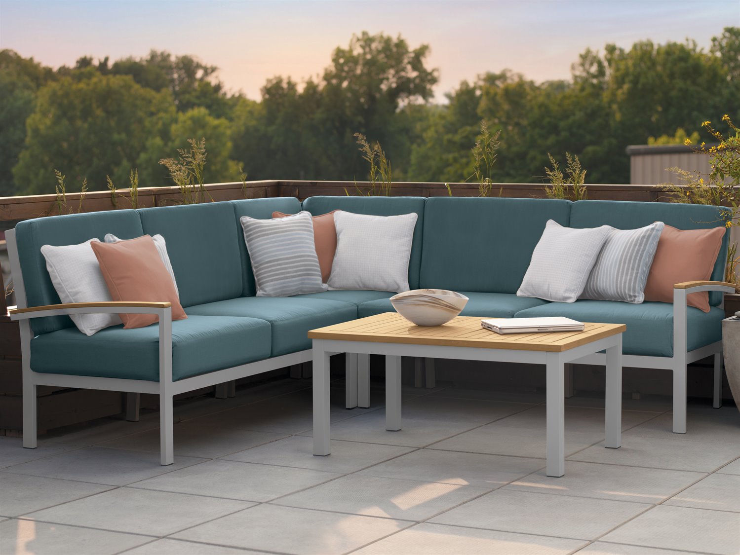 Oxford Garden Travira Aluminum Flint 4 Piece Sectional Outdoor Patio Lounge Set with Ice Blue Cushions