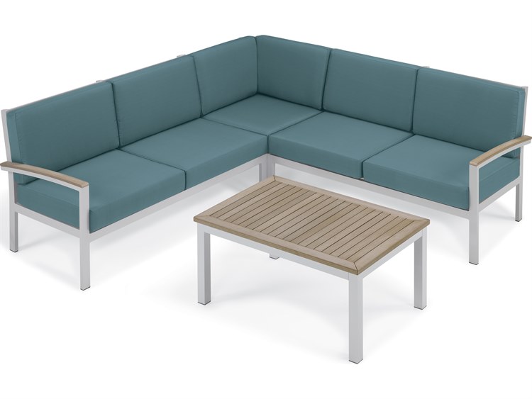 Oxford Garden Travira Aluminum Flint 4 Piece Sectional Lounge Set with Ice Blue Cushions