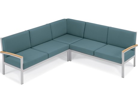 Oxford Garden Travira Aluminum Flint 3 Piece Sectional Lounge Set with Ice Blue Cushions