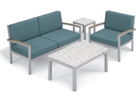 Oxford Garden Travira Aluminum Flint 4 Piece Lounge Set with Ice Blue Cushions