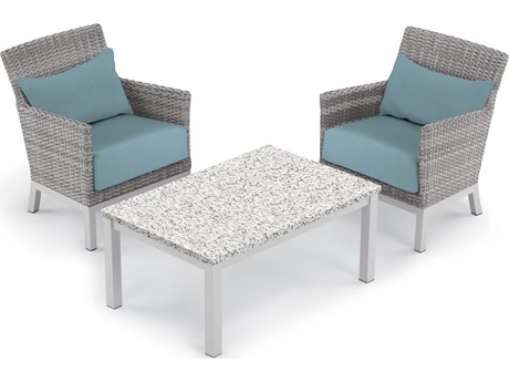 Oxford Garden Argento Wicker 3 Piece Lounge Set with Ice Blue Lumbar Pillows & Cushions