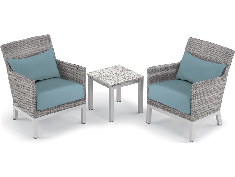 Oxford Garden Argento Wicker 3 Piece Lounge Set with Ice Blue Lumbar Pillows & Cushions