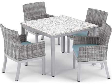Oxford Garden Argento Wicker 5 Piece Dining Set with Ice Blue Cushions