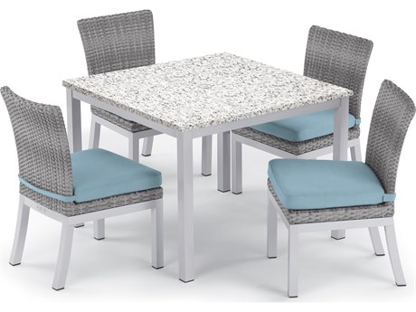 Oxford Garden Argento Wicker 5 Piece Dining Set with Ice Blue Cushions
