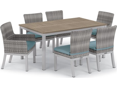Oxford Garden Argento Wicker 7 Piece Dining Set with Ice Blue Cushions