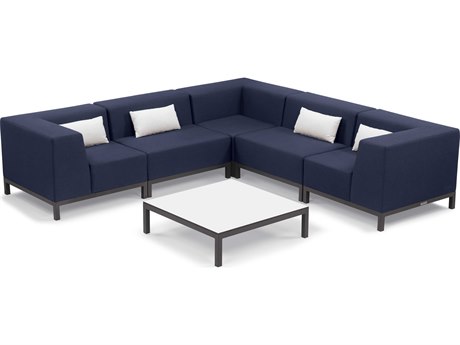 Oxford Garden Koral 6 Piece Modular Aluminum Cushion Lounge Sectional Set and Table