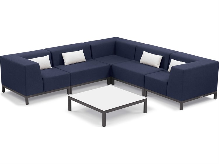 Oxford Garden Koral 6 Piece Modular Aluminum Cushion Lounge Sectional Set and Table