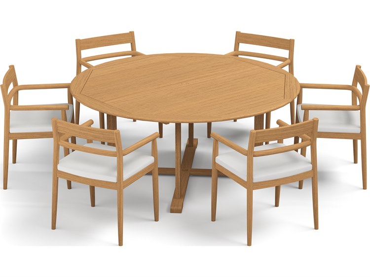Oxford Garden Lido Teak Natural 7 Piece Outdoor Patio Dining Set with Sunbrella Bliss Linen Cushions