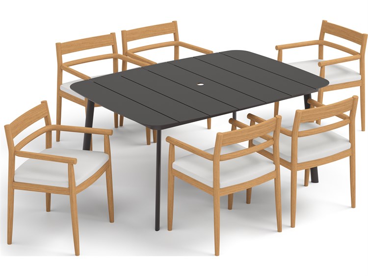 Oxford Garden Lido Teak 7 Piece Patio Dining Set with Sunbrella Bliss Linen Cushions