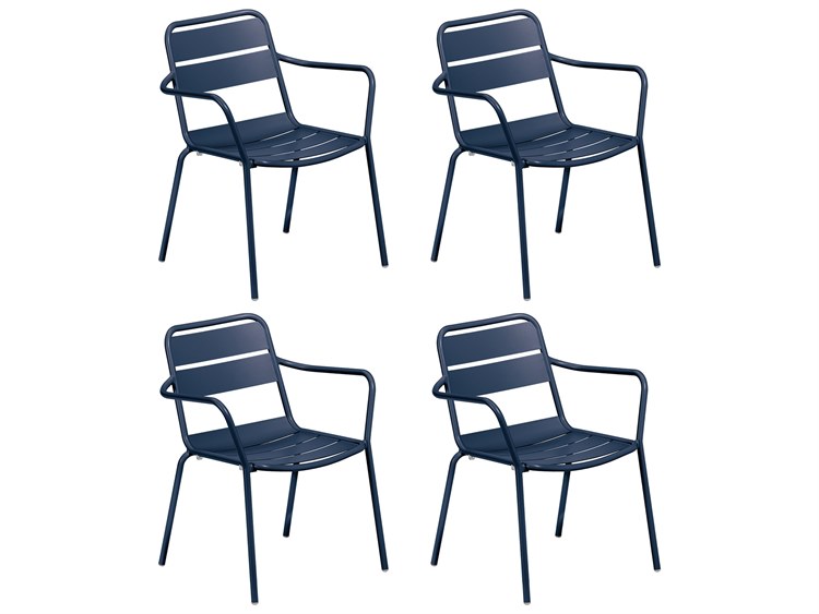 Oxford Garden Kapri Aluminum Prussian Stackable Outdoor Dining Arm Chair Set of 4