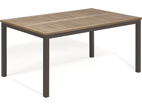 Oxford Garden Travira Aluminum Carbon 63''W x 40''D Rectangular Tekwood Top Dining Table with Umbrella Hole