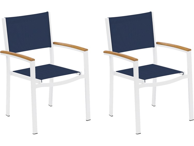 Oxford Garden Travira Aluminum Chalk Stackable Outdoor Patio Dining Arm Chair with Ink Pen Sling Set of 2