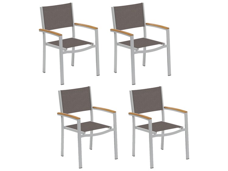 Oxford Garden Travira Aluminum Flint Stackable Patio Dining Arm Chair with Cocoa Sling Set of 4
