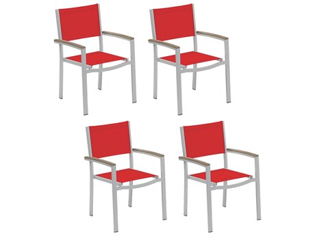 Oxford Garden Travira Aluminum Flint Stackable Dining Arm Chair with Red Sling (Price Includes 4)