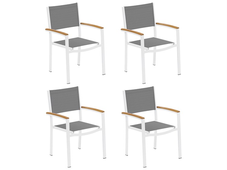 Oxford Garden Travira Aluminum Chalk Stackable Outdoor Patio Dining Arm Chair with Titanium Sling Set of 4