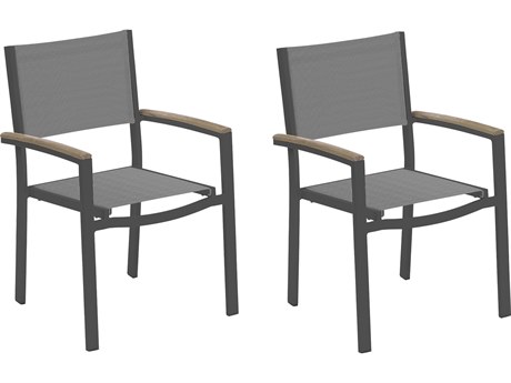 Oxford Garden Travira Aluminum Carbon Stackable Dining Arm Chair with Titanium Sling (Price Includes 2)