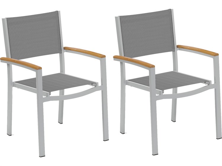 Oxford Garden Travira Aluminum Flint Stackable Outdoor Dining Arm Chair with Titanium Sling Set of 2