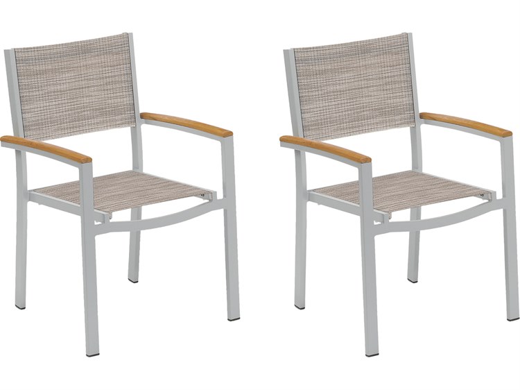 Oxford Garden Travira Aluminum Flint Stackable Patio Dining Arm Chair with Bellows Sling Set of 2