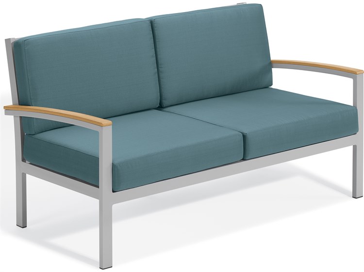 Oxford Garden Travira Aluminum Flint Outdoor Loveseat with Ice Blue Cushions