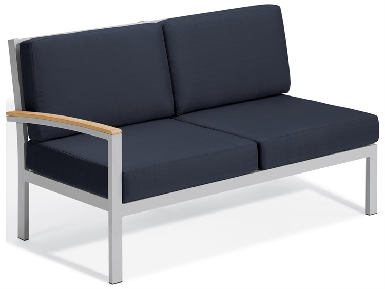 Oxford Garden Travira Aluminum Flint Right Arm Outdoor Patio Loveseat with Midnight Blue Cushions