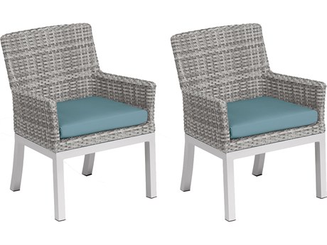 Oxford Garden Argento Wicker Dining Arm Chair with Ice Blue Cushions (Price Includes 2)