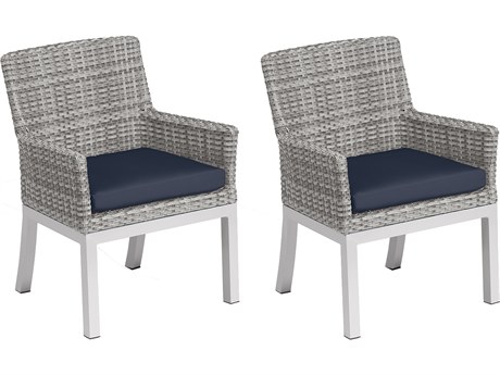 Oxford Garden Argento Wicker Dining Arm Chair with Midnight Blue Cushions (Price Includes 2)