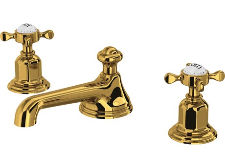 Perrin and Rowe Edwardian Unlacquered Brass Widespread Lavatory Faucet with Low Spout