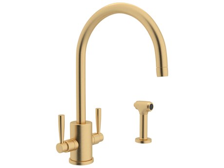 Perrin and Rowe Holborn Satin English Gold Two Handle Kitchen Faucet with C-Spout and Side Spray
