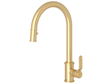 Perrin and Rowe Armstrong Satin English Gold Pull-Down Kitchen Faucet with C-Spout