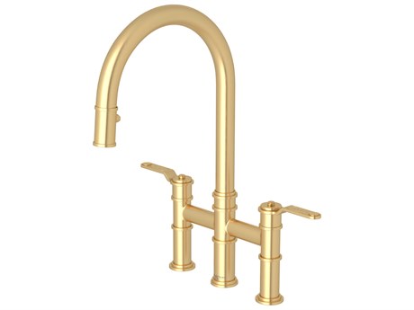 Perrin and Rowe Armstrong Satin English Gold Pull-Down Bridge Kitchen Faucet with C-Spout