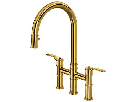 Perrin and Rowe Armstrong Unlacquered Brass Pull-Down Bridge Kitchen Faucet with C-Spout