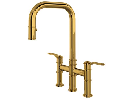 Perrin and Rowe Armstrong Unlacquered Brass Pull-Down Bridge Kitchen Faucet with U-Spout