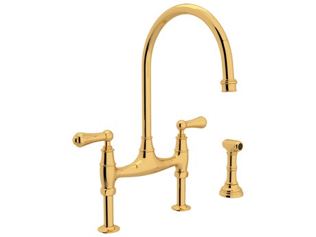 Perrin and Rowe Georgian Era Unlacquered Brass Bridge Kitchen Faucet with Side Spray