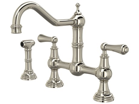 Perrin and Rowe Edwardian Polished Nickel Bridge Kitchen Faucet with Sidespray with Lever Handles
