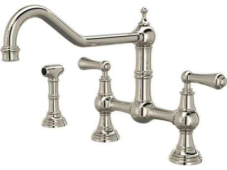 Perrin and Rowe Edwardian Polished Nickel Extended Spout Bridge Kitchen Faucet with Side Spray