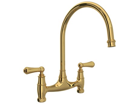 Perrin and Rowe Georgian Era Unlacquered Brass Bridge Kitchen Faucet Without Unions