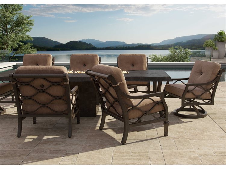 Castelle Villa Bianca Cushion Cast Aluminum Fire Pit Outdoor Patio Dining Set