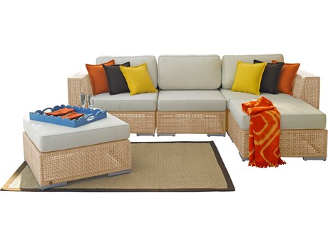 Panama Jack Outdoor Austin Aluminum Wicker Honey 5 Piece Sectional Lounge Set with Cushions