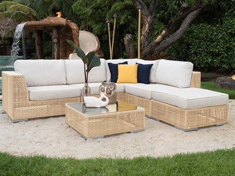Panama Jack Outdoor Austin Aluminum Wicker Honey 6 Piece Sectional Lounge Set with Cushions