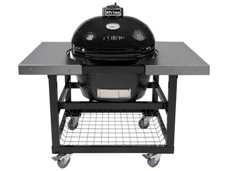 Primo Oval Large Charcoal Grill with Stainless Steel Cart and Shelves