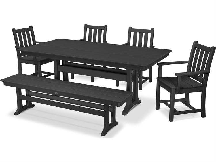 POLYWOOD® Traditional Recycled Plastic 6 Piece Farmhouse Dining Set with Bench