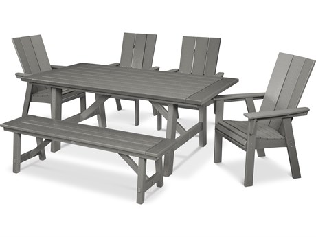 POLYWOOD® Modern Recycled Plastic 6 Piece Rustic Farmhouse Dining Set with Bench